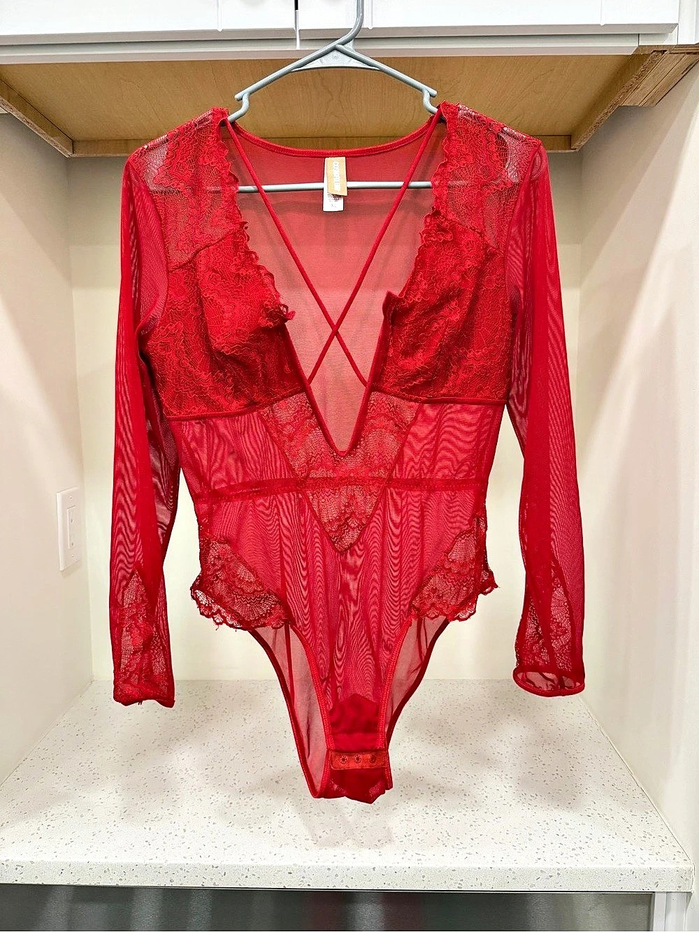 Cosmopolitan- Mesh & Lace Long Sleeve Bodysuit Red XL